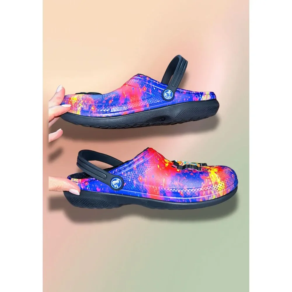 Crocs Classic Lined Galaxy Space Alien Clogs Kids J5 Blue Purple Black w Jibbitz